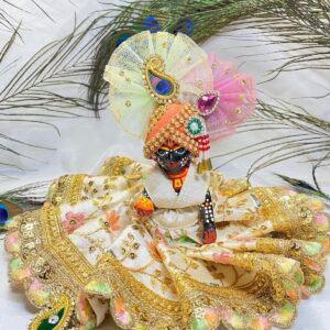 Laddu Gopal Dress & Accessories Set Poshak – Premium Handmade Designer Beige-Multicolor Outfit with Five Accessories for Kanha Ji